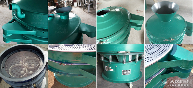 碳鋼振動(dòng)篩進(jìn)料口，出料口，篩框，篩網(wǎng)，彈跳球等細(xì)節(jié)展示