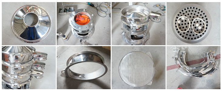 不銹鋼振動篩結(jié)構(gòu)展示：防塵蓋，出料口，閘門，篩網(wǎng)于彈跳球，底座，振動彈簧等。