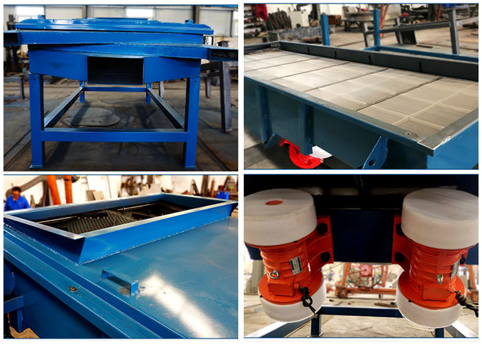 方形振動篩出料口，篩網(wǎng)和網(wǎng)架，進料口，振動電機等細節(jié)展示。