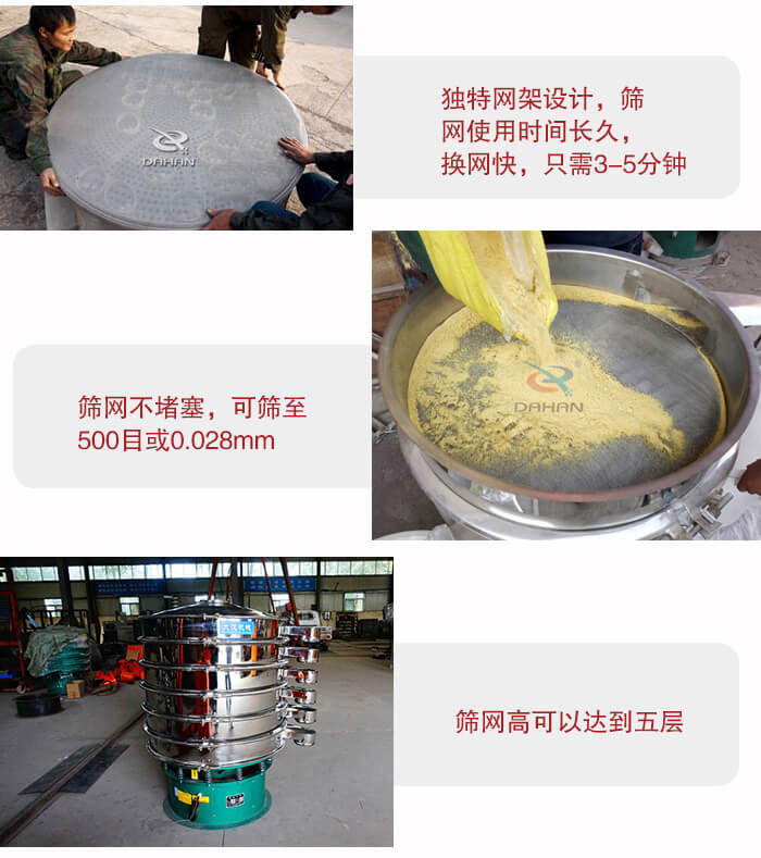 三次元振動篩的特點(diǎn)：篩網(wǎng)使用時間長換讓時間短，篩網(wǎng)不堵塞，可篩至500目或0.028mm。