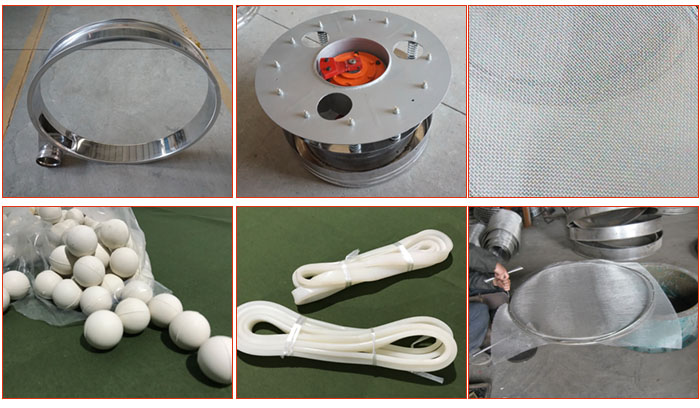 800型全不銹鋼振動篩配件有：振動篩篩框，電機(jī)，不銹鋼篩網(wǎng)等。