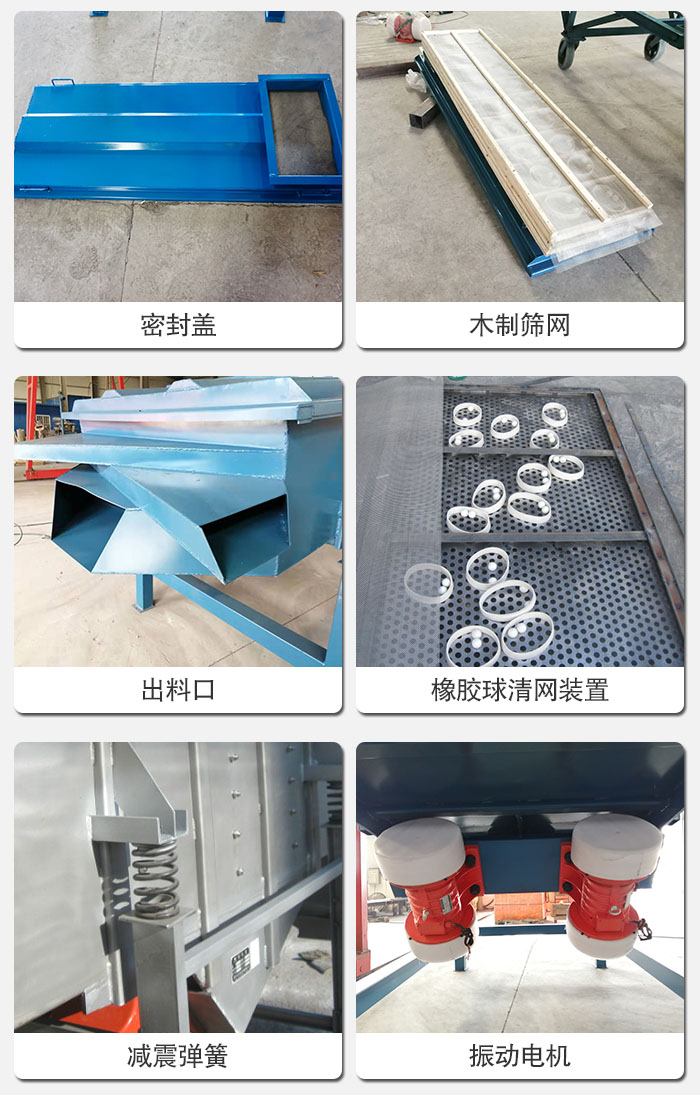 直線篩結(jié)構(gòu)展示：篩網(wǎng)，篩箱，振動(dòng)電機(jī)，振動(dòng)電機(jī)座，減震彈簧，支架等部件展示圖