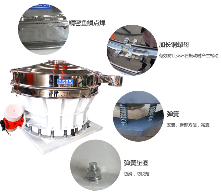 1500直排篩細(xì)節(jié)展示：彈簧，彈簧墊圈，加長銅螺母。