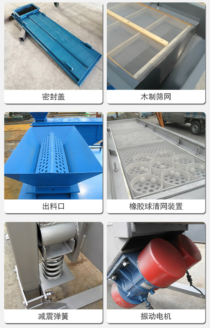 直線篩分機(jī)的結(jié)構(gòu)展示圖：篩箱是物料主要篩分設(shè)備之一，篩網(wǎng)用于篩分物料，振動電機(jī)幫助篩網(wǎng)篩分。