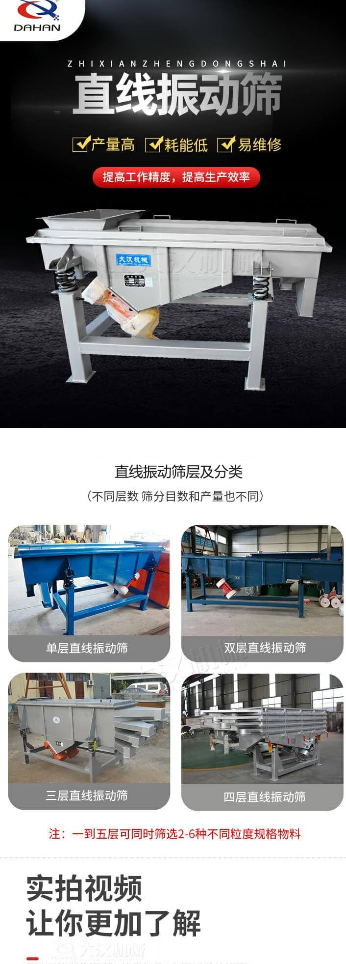 直線振動(dòng)篩概述，產(chǎn)量高，耗能低，易維修，提高工作精度，提高生產(chǎn)效率，直線振動(dòng)篩層級(jí)分類：不同層數(shù)，篩分目數(shù)和產(chǎn)量也不同：單層，雙層，三層，四層等。
