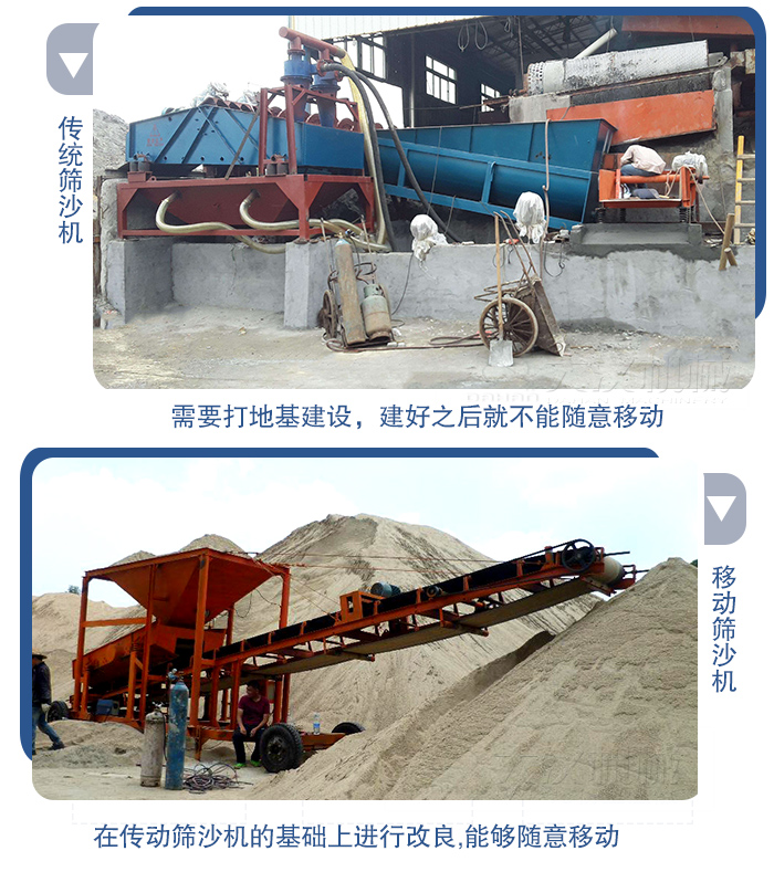 移動(dòng)的篩沙機(jī)在安裝前需要打地基，而固定完畢后就不能隨意的移動(dòng)，而移動(dòng)篩沙機(jī)不需要打地并且隨時(shí)能夠進(jìn)行移動(dòng)。