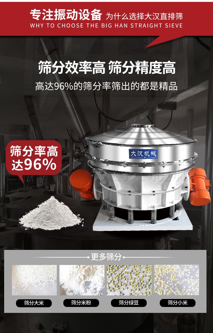 直排篩適用物料有面粉，淀粉，洗衣粉，金屬粉，添加劑，化工，非礦等行業(yè)。