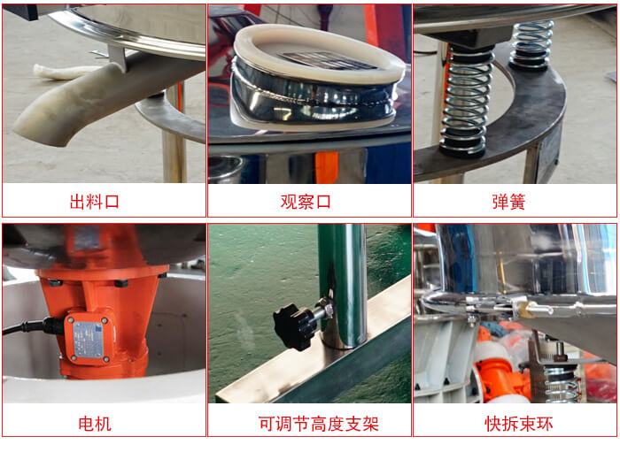 高頻篩細(xì)節(jié)展示：出料口，觀察口，彈簧，電機，可調(diào)節(jié)高度支架，快拆束環(huán)。