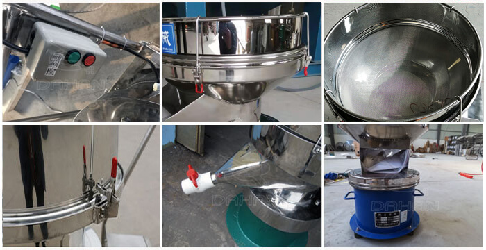 過濾篩細(xì)節(jié)展示：控制開關(guān)，篩框，出料口閥門，底座等